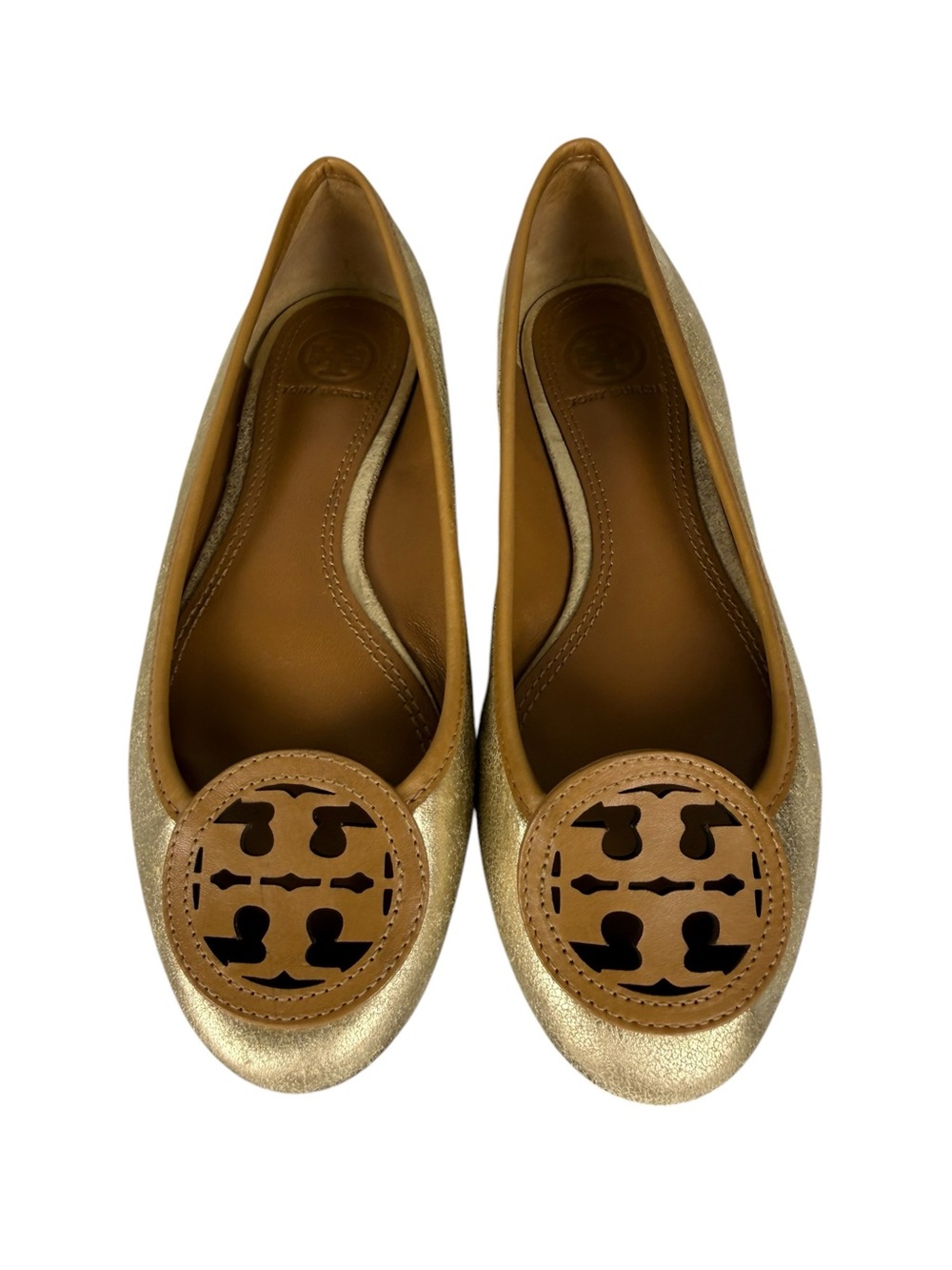 Tory Burch Louisa Gold Metallic Tan Logo Ballet Flats Sz 5.5
